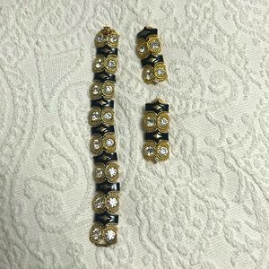 Earrings and bracelet set gold tone and black enamel